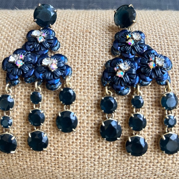J.Crew Navy Blue Large Dangle Statement Earrings Crystal Rhinestones - Picture 4 of 14
